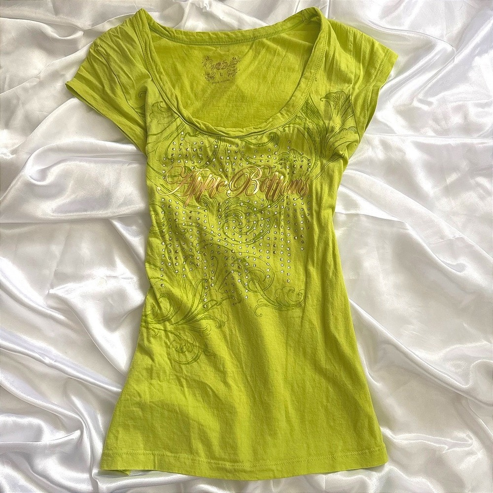 Apple Bottoms Lime Green Graphic Tee Gold Foil Rhinestone Y2K Scoop Neck Large